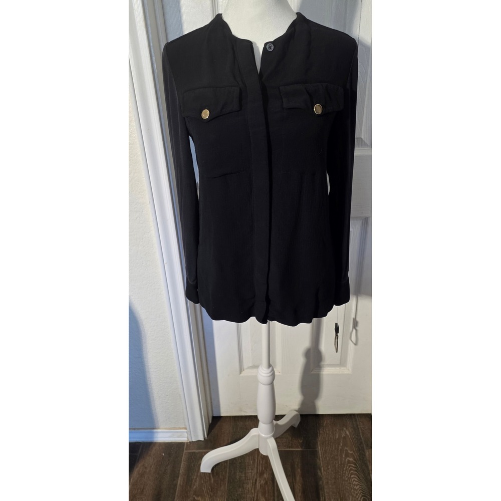 Derek Lam New York Black Silk Crepe Gold Button Utility Blouse Made in Italy 2